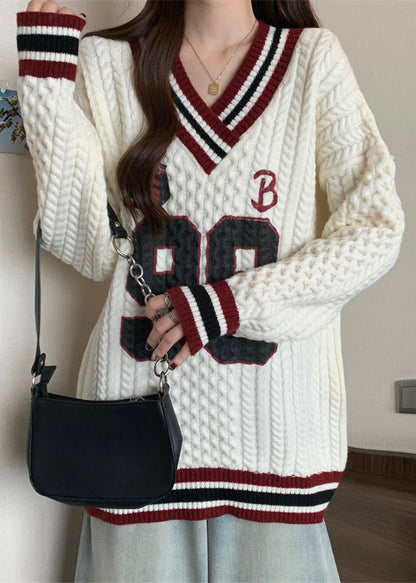 White Oversized Embroidered Knit Sweater Tops Fall