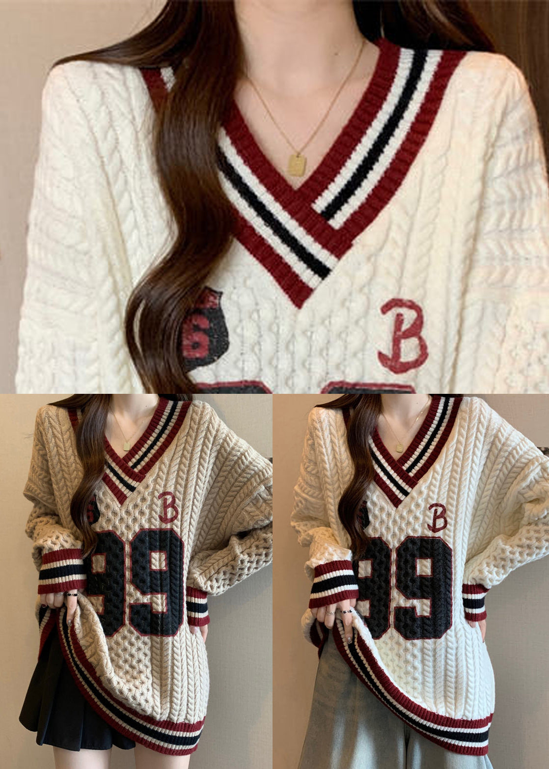 White Oversized Embroidered Knit Sweater Tops Fall