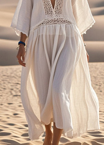 White Oversized Patchwork Hollow Out Cotton Dress Bracelet Sleeve