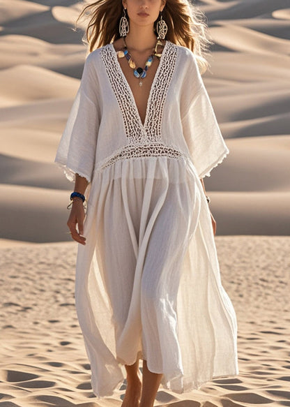 White Oversized Patchwork Hollow Out Cotton Dress Bracelet Sleeve