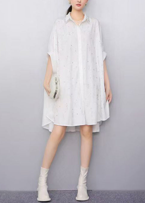 White Oversized Rhinestone Cotton Shirt Dress Summer