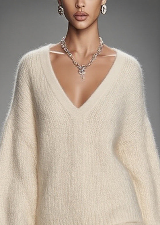 White Oversized Warm Knit Sweater and Skirt Two Pieces Set Spring