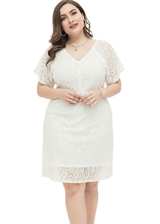 White Patchwork Lace Mid Dresses Short Sleeve