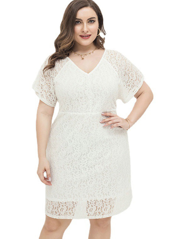 White Patchwork Lace Mid Dresses Short Sleeve