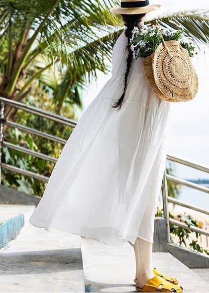 White Peter Pan Collar Button Vacation Summer Linen Dress