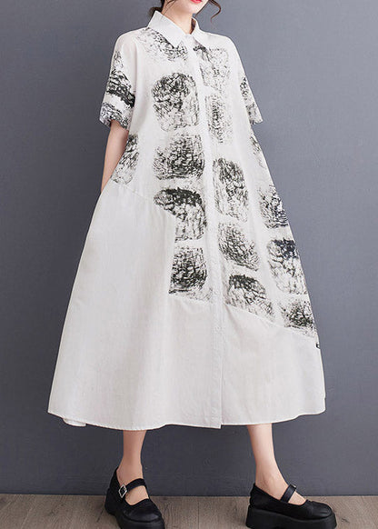 White Peter Pan Collar Print Long Shirt Dress Summer