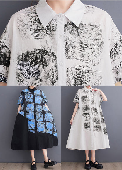 White Peter Pan Collar Print Long Shirt Dress Summer