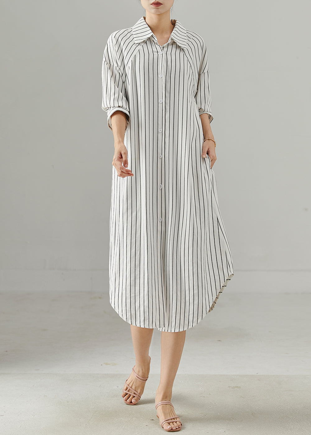 White Peter Pan Collar Striped Cotton Shirt Dresses Spring