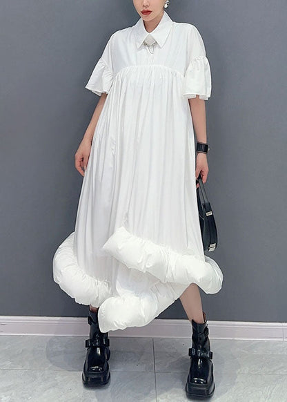 White Peter Pan Collar Wrinkled Patchwork Cotton Shirts Dress Summer