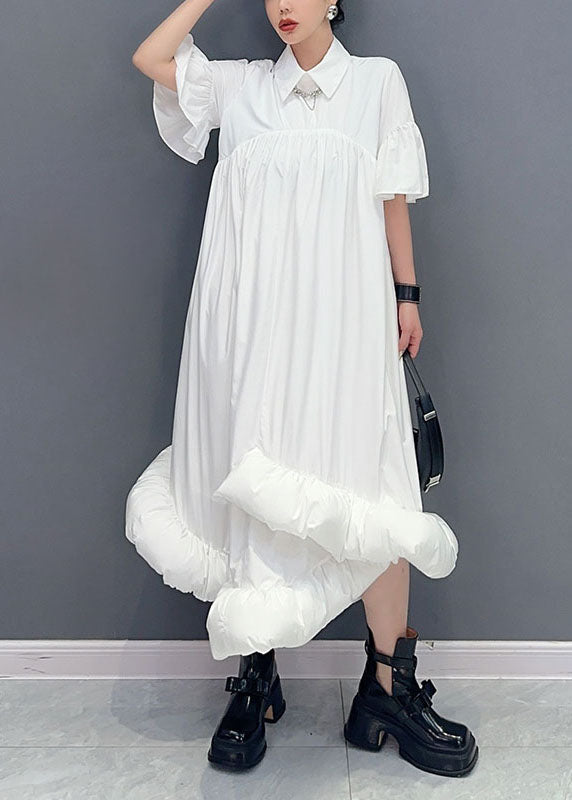 White Peter Pan Collar Wrinkled Patchwork Cotton Shirts Dress Summer