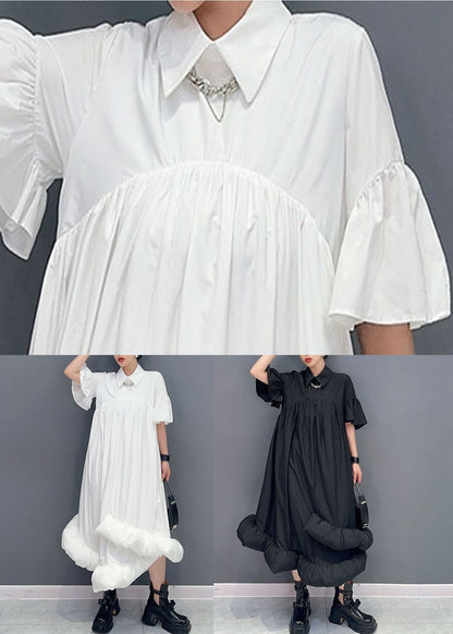 White Peter Pan Collar Wrinkled Patchwork Cotton Shirts Dress Summer
