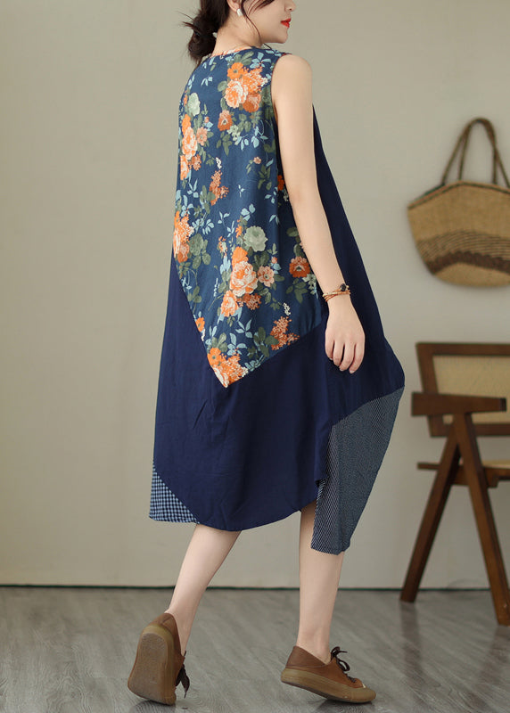White Plaid Asymmetrical Print Cotton Dress Sleeveless