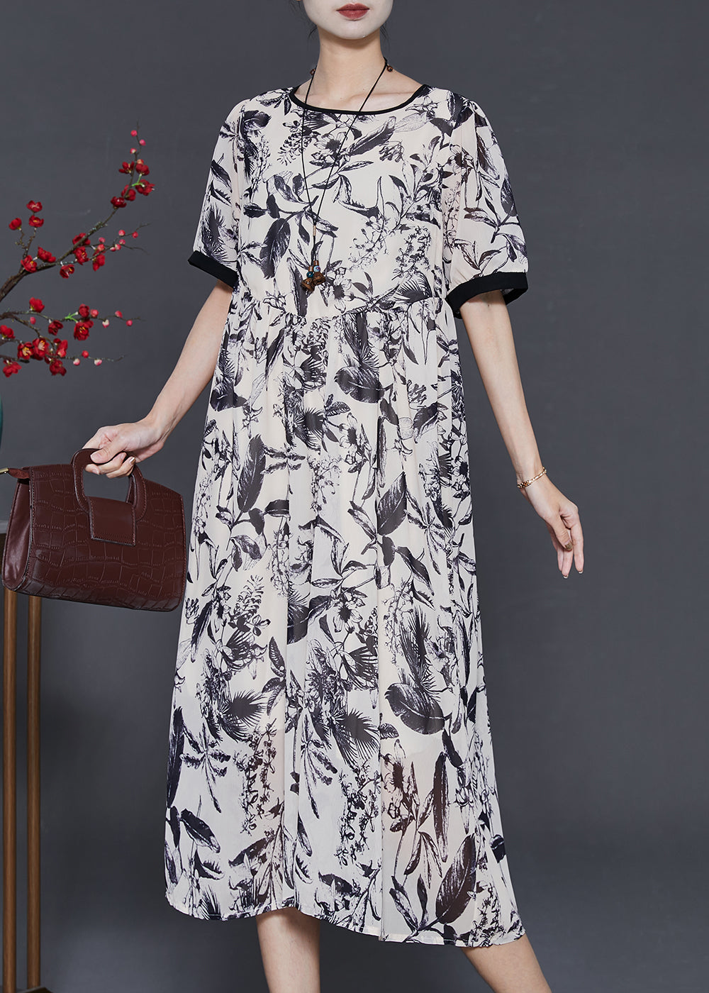 White Print Chiffon Party Dress Summer