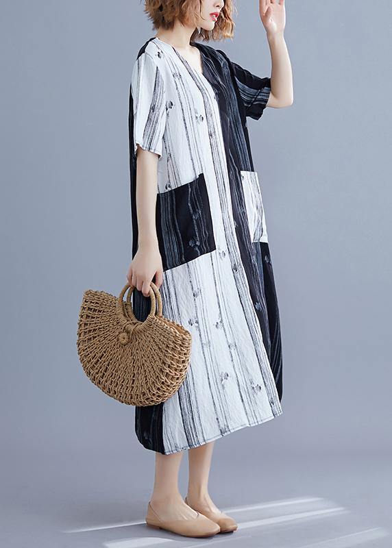 White Print V Neck Turn-down Collar Summer Maxi Dress