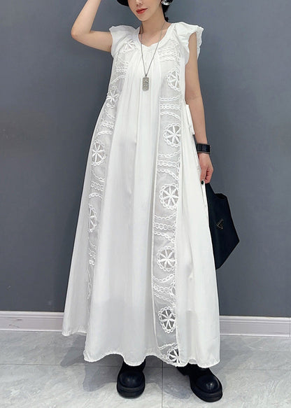 White Puff Sleeve Patchwork Lace a Line Dress Sleeveless