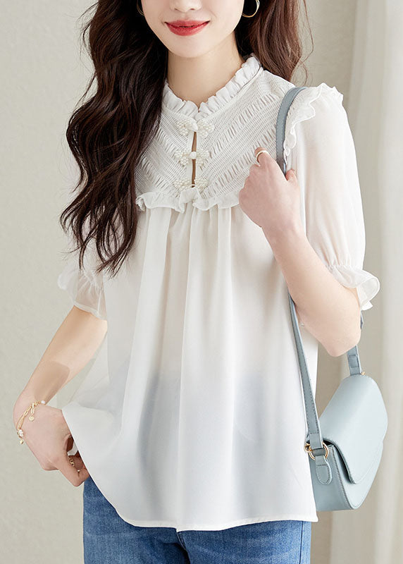 White Ruffled Chinese Button Patchwork Chiffon Shirt Top Summer