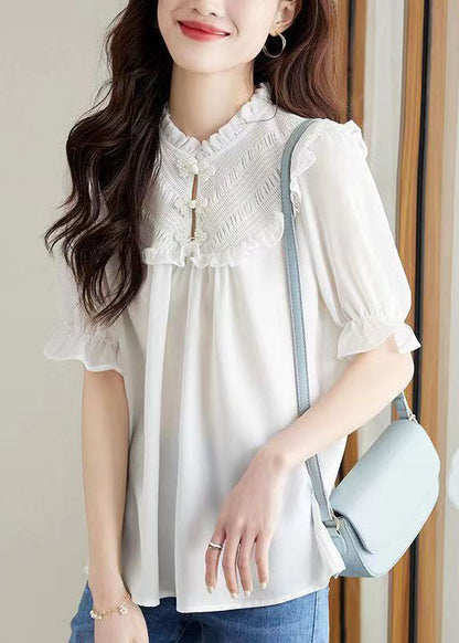 White Ruffled Chinese Button Patchwork Chiffon Shirt Top Summer