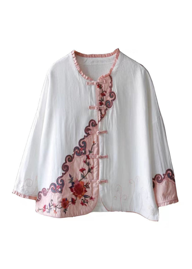 White Ruffled Embroideried Patchwork Cotton Tops Spring