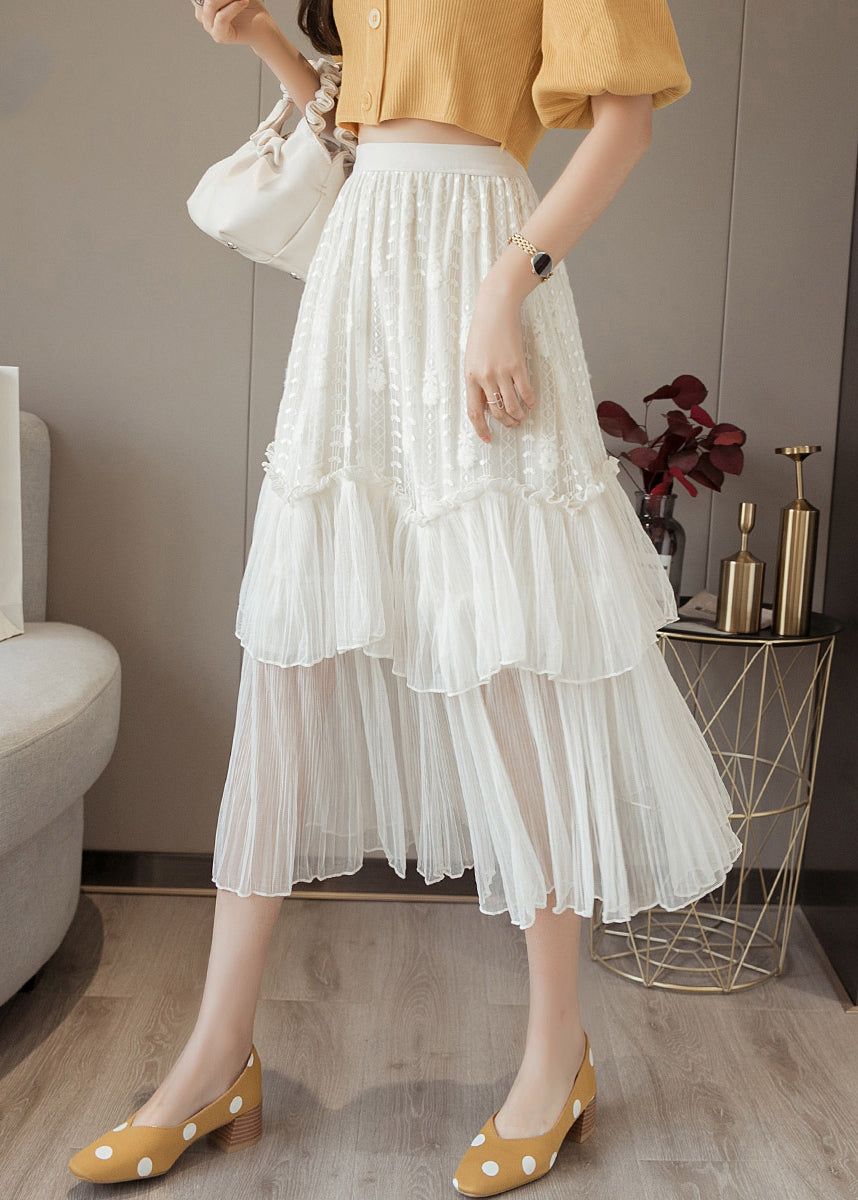 White Ruffled High Waist Chiffon Skirt Summer