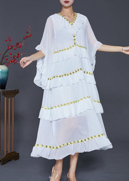 White Ruffled Patchwork Chiffon Beach Dress Summer
