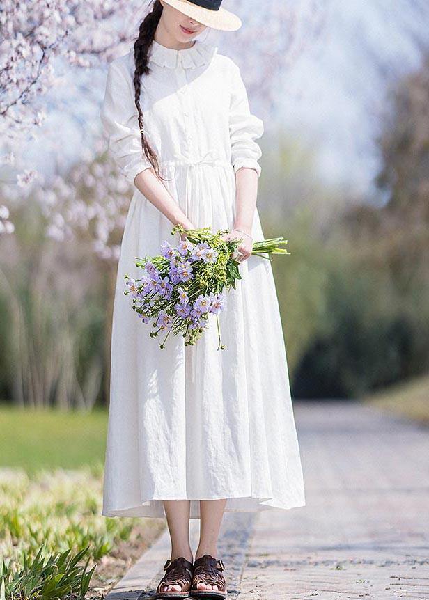 White Ruffles Pockets Summer Linen Dress