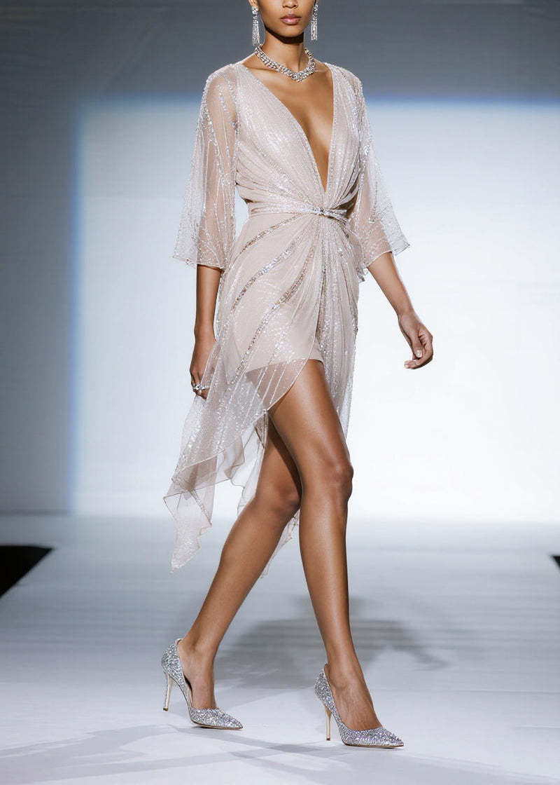 White Sequins Sheer Tulle Tea Dress Summer