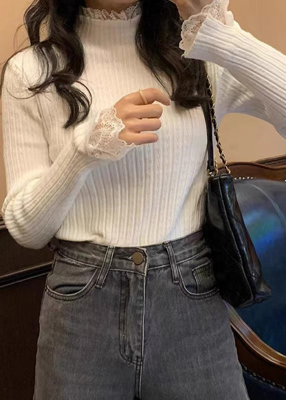 White Lace Patchwork Knit Sweaters Fall