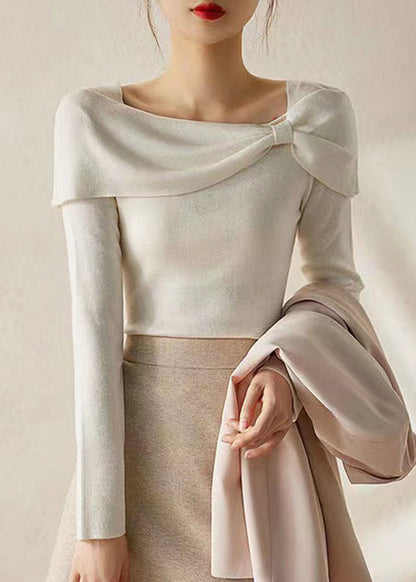 White Square Collar Bow Cotton Knit Tops Fall