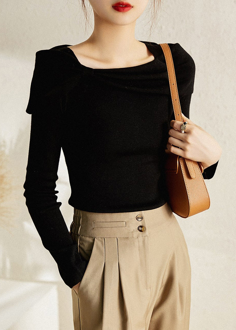 White Square Collar Bow Cotton Knit Tops Fall
