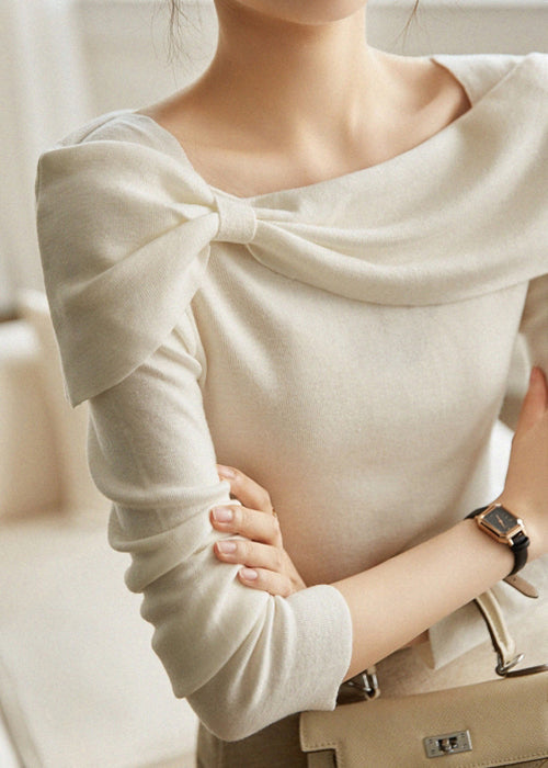 White Square Collar Bow Cotton Knit Tops Fall
