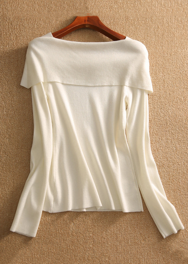 White Square Collar Bow Cotton Knit Tops Fall