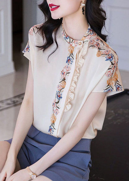 White Stand Collar Asymmetrical Ruffled Print Silk Tops Summer