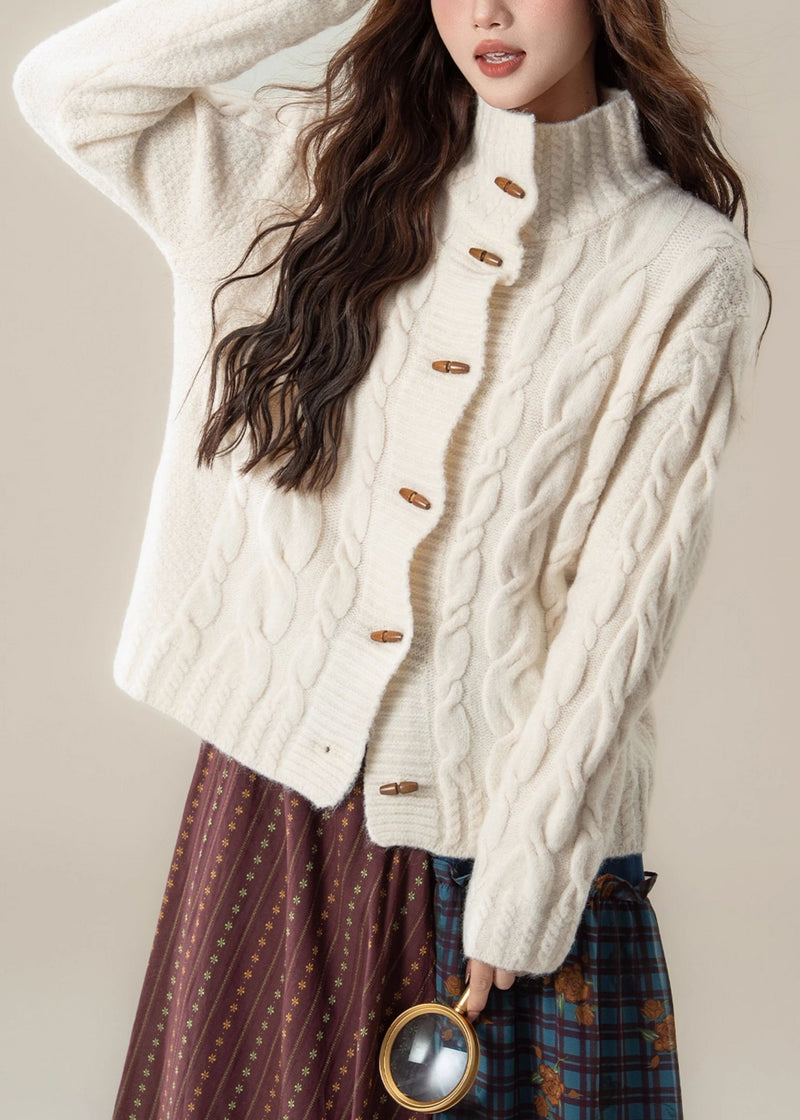 White Stand Collar Button Cable Knit Coats Winter