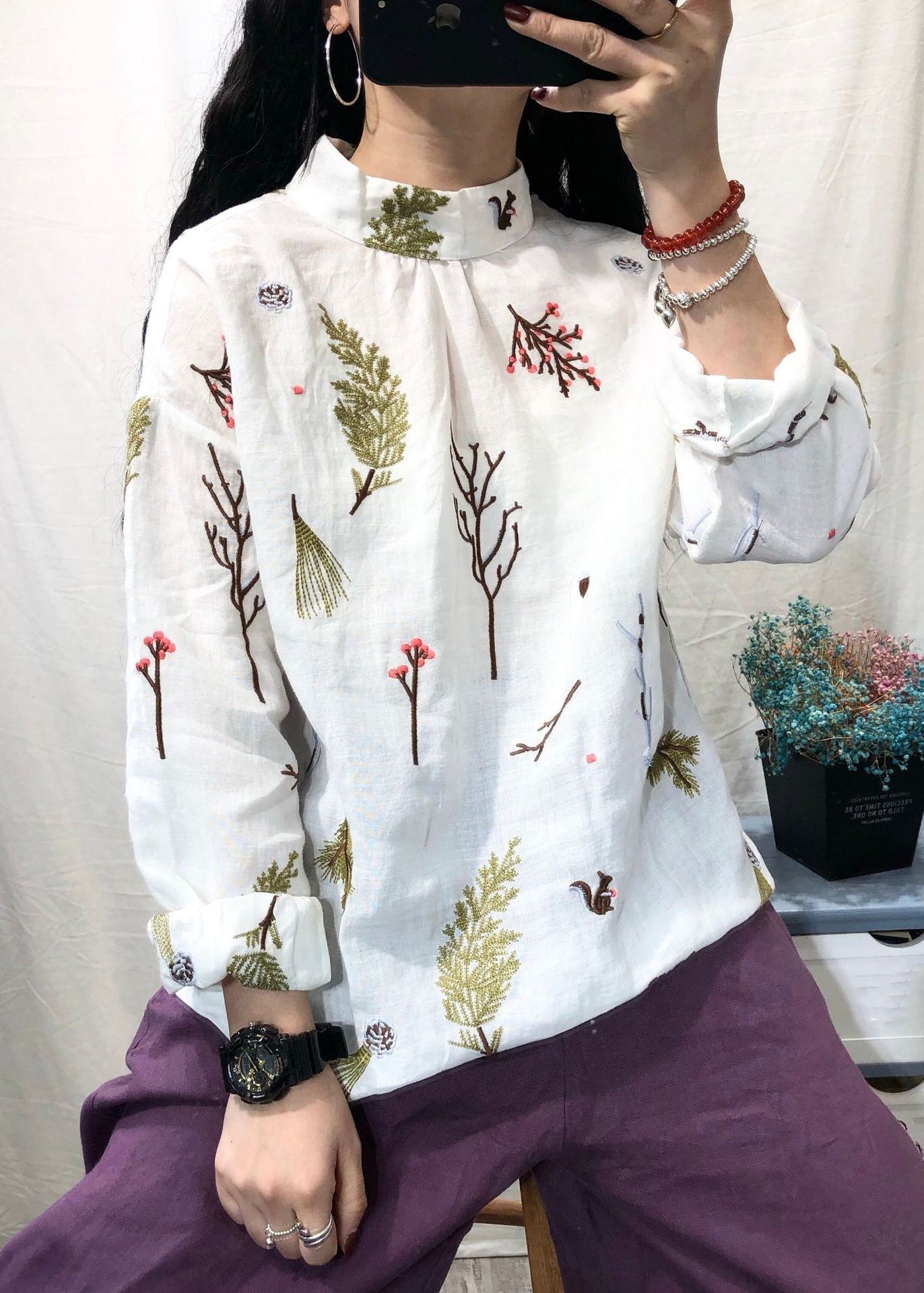 White Stand Collar Embroidered Linen Blouses Long Sleeve