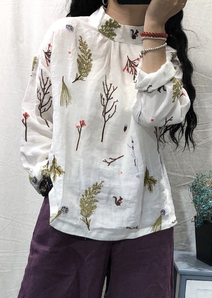 White Stand Collar Embroidered Linen Blouses Long Sleeve