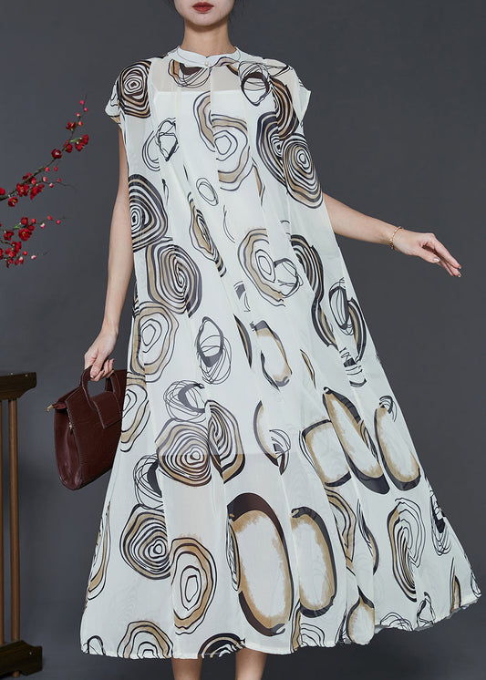 White Stand Collar Print Chiffon Holiday Dress Two Piece Set Summer