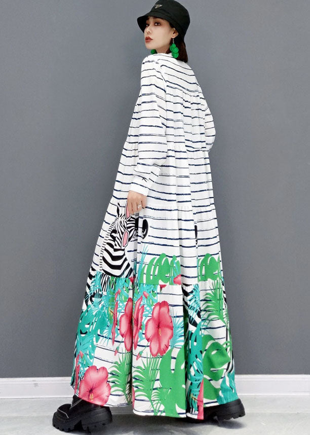 White Stand Collar Striped Print Cotton Party Long Dress Long Sleeve