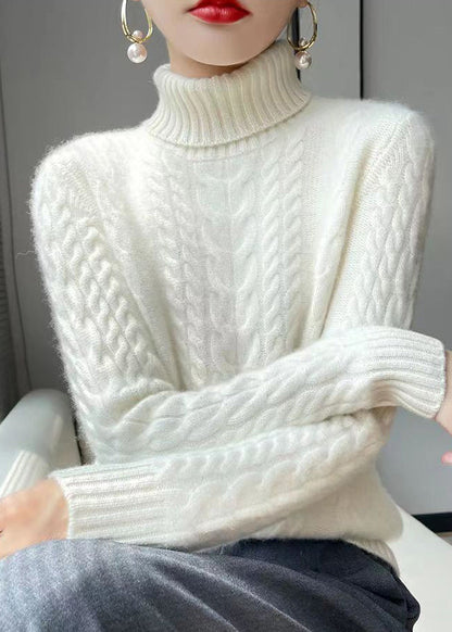White Turtleneck Wool Cable Knit Sweaters Long Sleeve