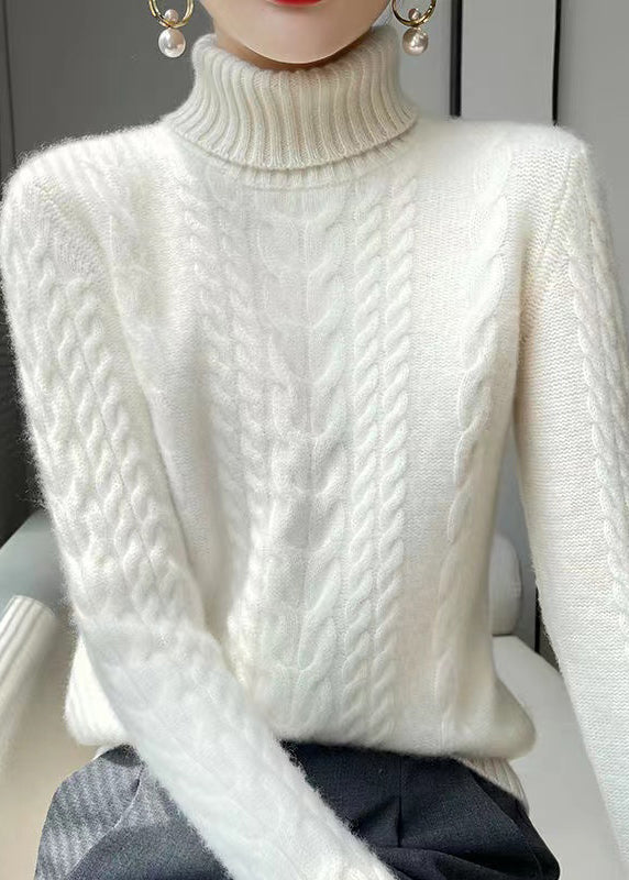 White Turtleneck Wool Cable Knit Sweaters Long Sleeve