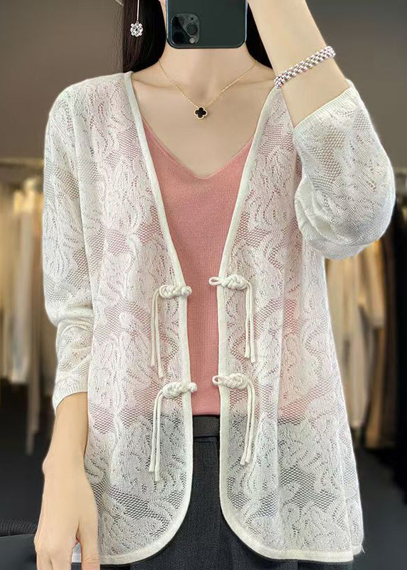White V Neck Chinese Button Knit Cardigan Fall