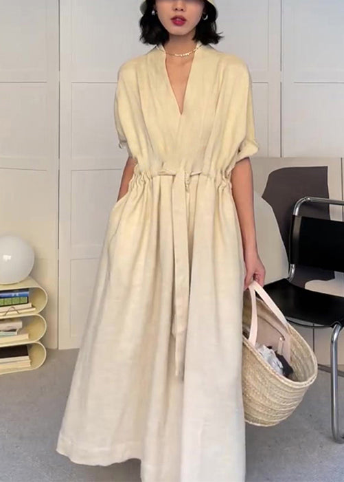 White V Neck Drawstring Pockets Cotton Dress Summer