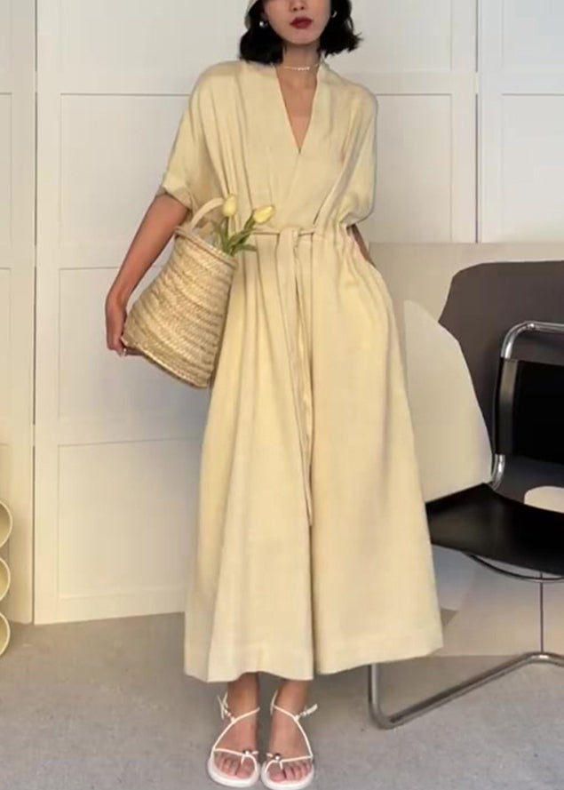 White V Neck Drawstring Pockets Cotton Dress Summer