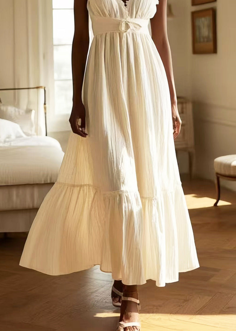 White V Neck Exra Large Hem Cotton Long Dress Sleeveless