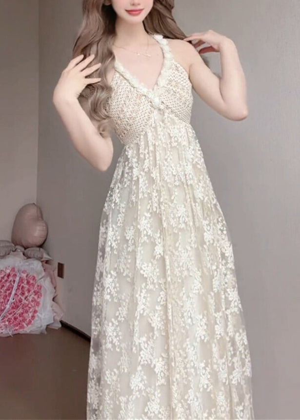 White V Neck Exra Large Hem Lace Spaghetti Strap Dress Summer