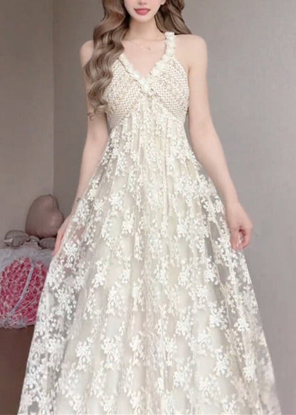 White V Neck Exra Large Hem Lace Spaghetti Strap Dress Summer