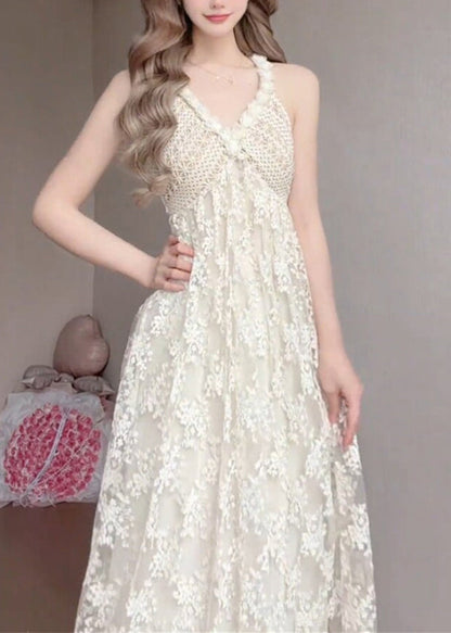 White V Neck Exra Large Hem Lace Spaghetti Strap Dress Summer