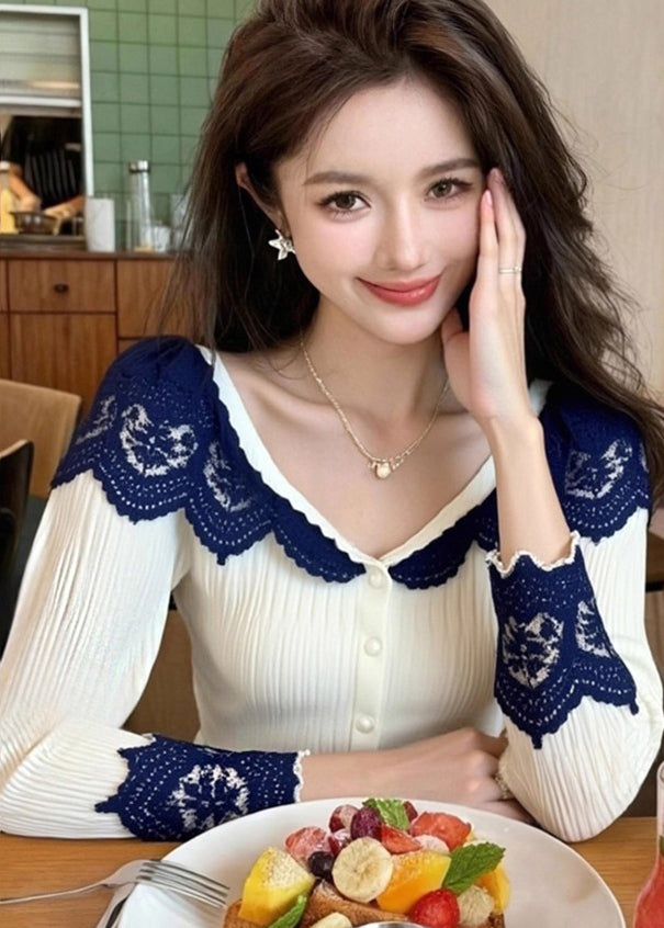 White V Neck Lace Patchwork Knit Tops Spring