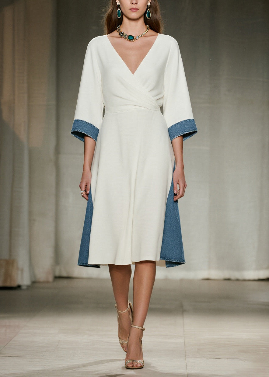 White V Neck Patchwork Denim Day Dress Summer