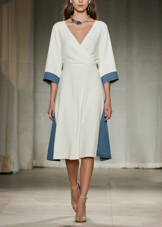 White V Neck Patchwork Denim Day Dress Summer