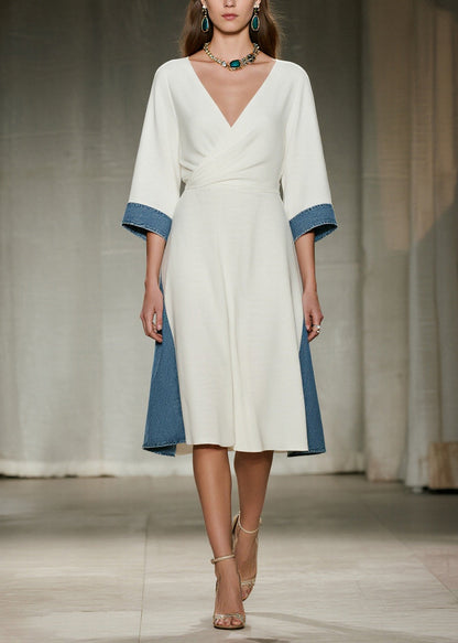 White V Neck Patchwork Denim Day Dress Summer